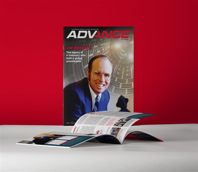 Picture of the Advance cover with Jim Redpath and shaft in the background and sample page of spread inside publication